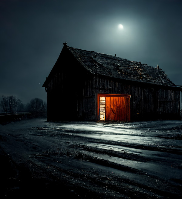 Barn in a field at night