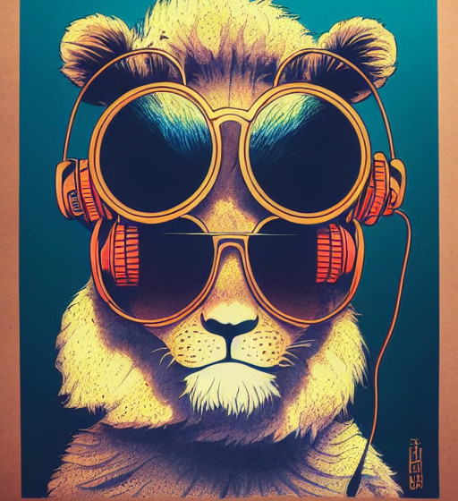 Lion in sunglasses with headphones