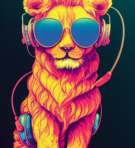 Colourful lion in headphones