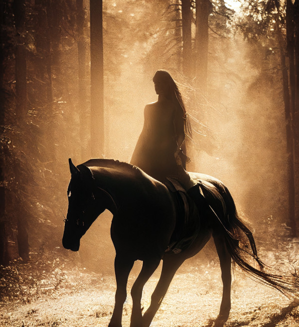 Woman riding a horse through the forest