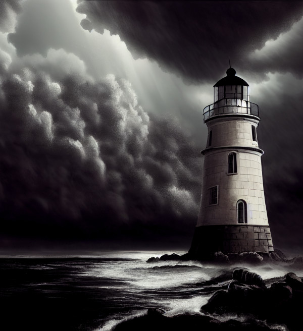 Black and white lighthouse on a stormy night