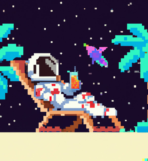 Pixel art of a spaceman lounging about