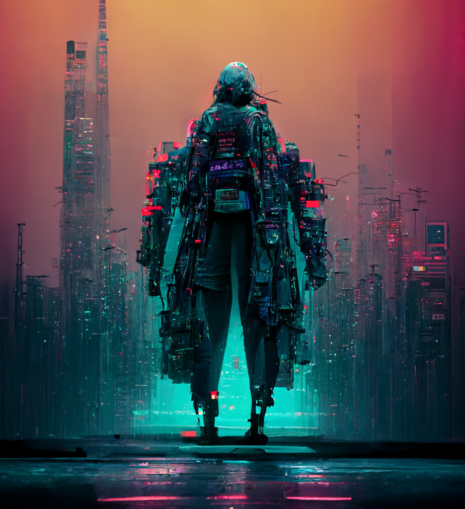 Cyberpunk man in front of city Cyberpunk man in front of city