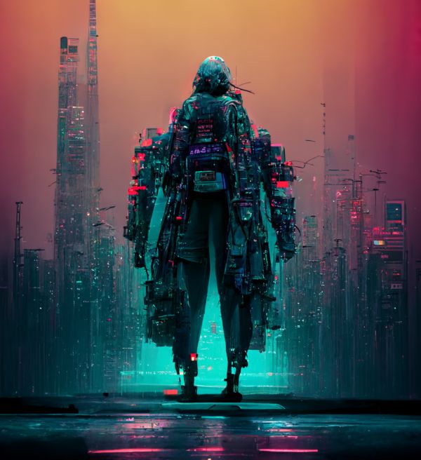 Cyberpunk man in front of city
