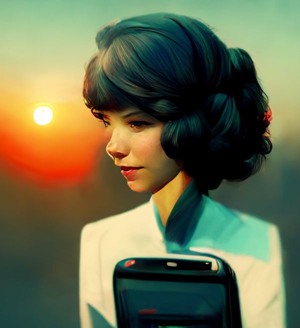 CGI woman holding phone in front of sunset