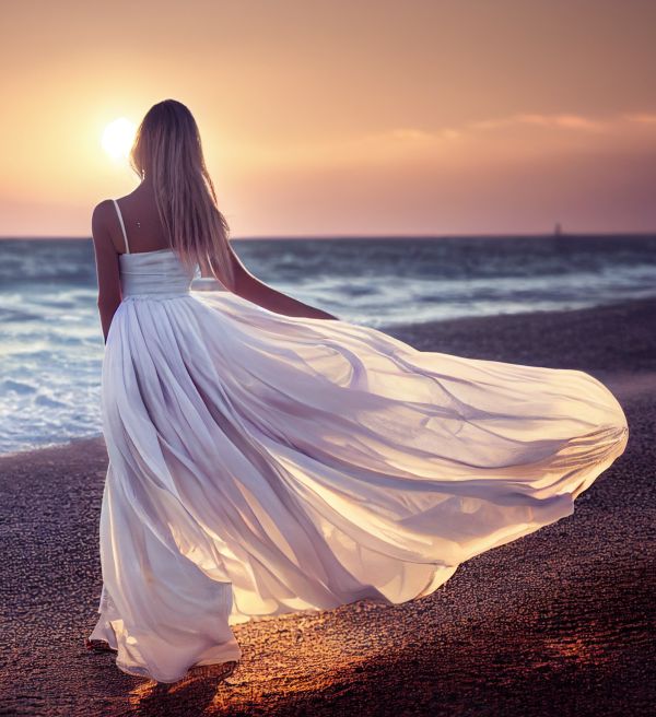 Woman in white dress on a beach at sunset